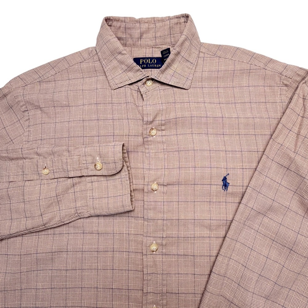 Ralph Lauren Mens Medium Brown Plaid Cotton Button Down Shirt Preppy Neutral